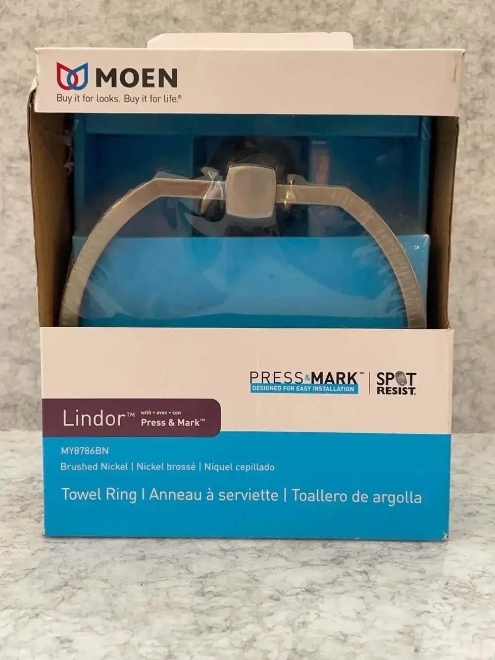 Moen Lindor Towel Ring with Press & Mark and Spot Resist in Brushed Nickel (MY87